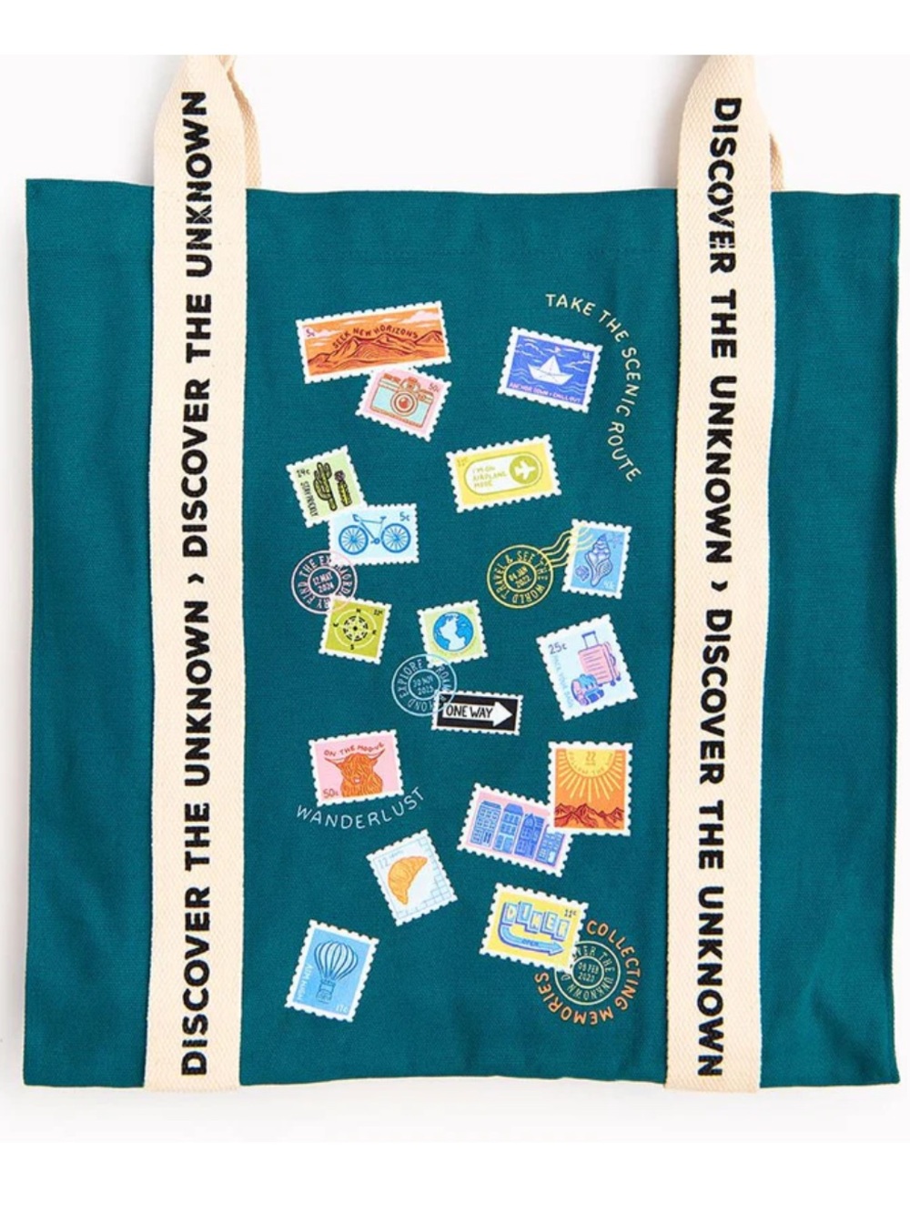 PAPER SOURCE teal ivory multi DISCOVER THE UNKNOWN CANVAS STAMP TOTE - Picture 2 of 11